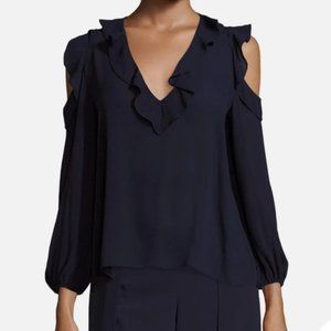 Alice + Olivia women’s Gia ruffle Cold Shoulder navy  v-neck Blouse Size XS